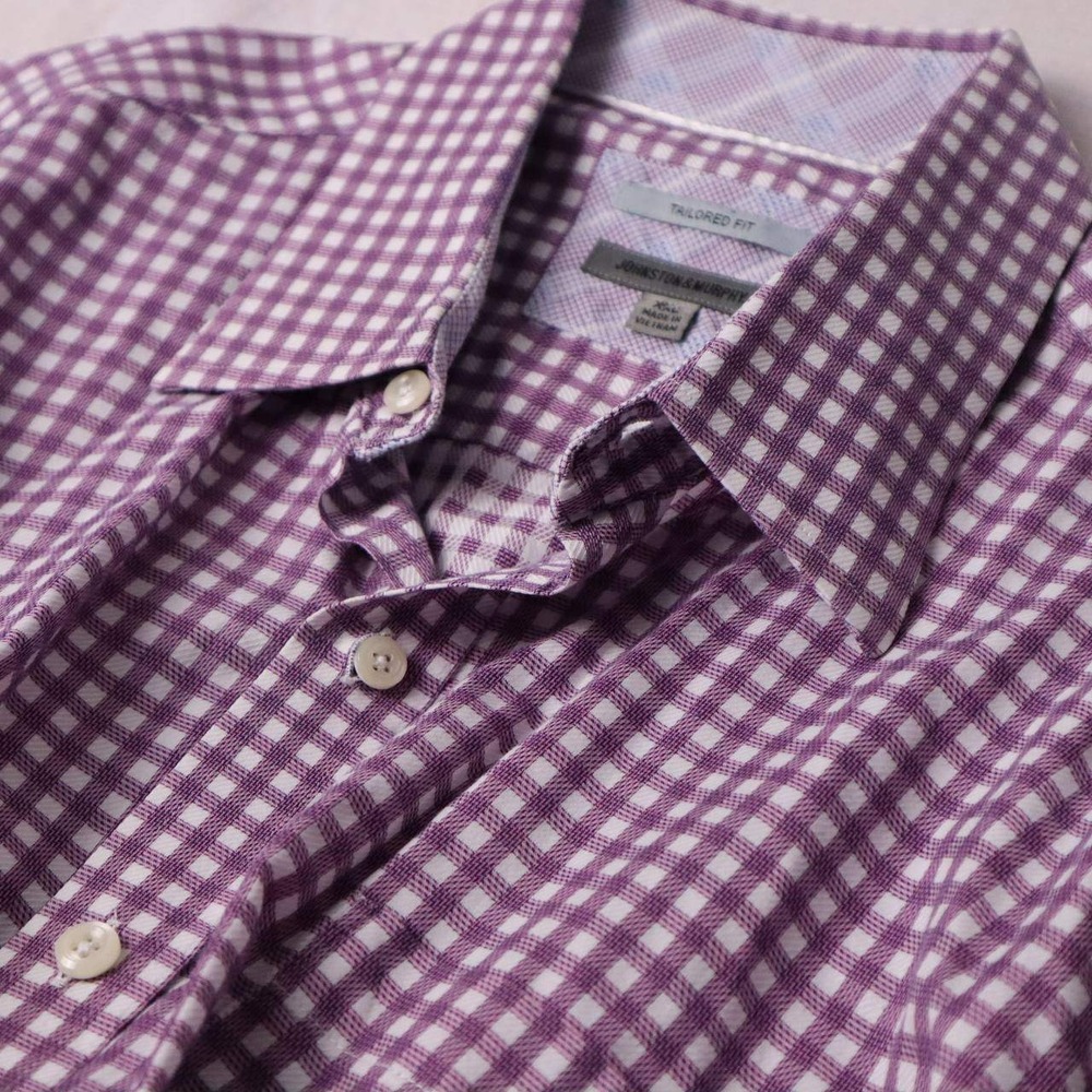 Johnston & Murphy Mens XXL Tailored Fit Purple Gingham Check Button Down Shirt